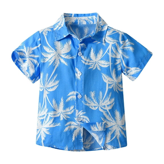 ZACPNCV Boy's Hawaiian Shirts Short Sleeve Print Button Down Dress Shirt Tops for Kids Blue 6-7 Years