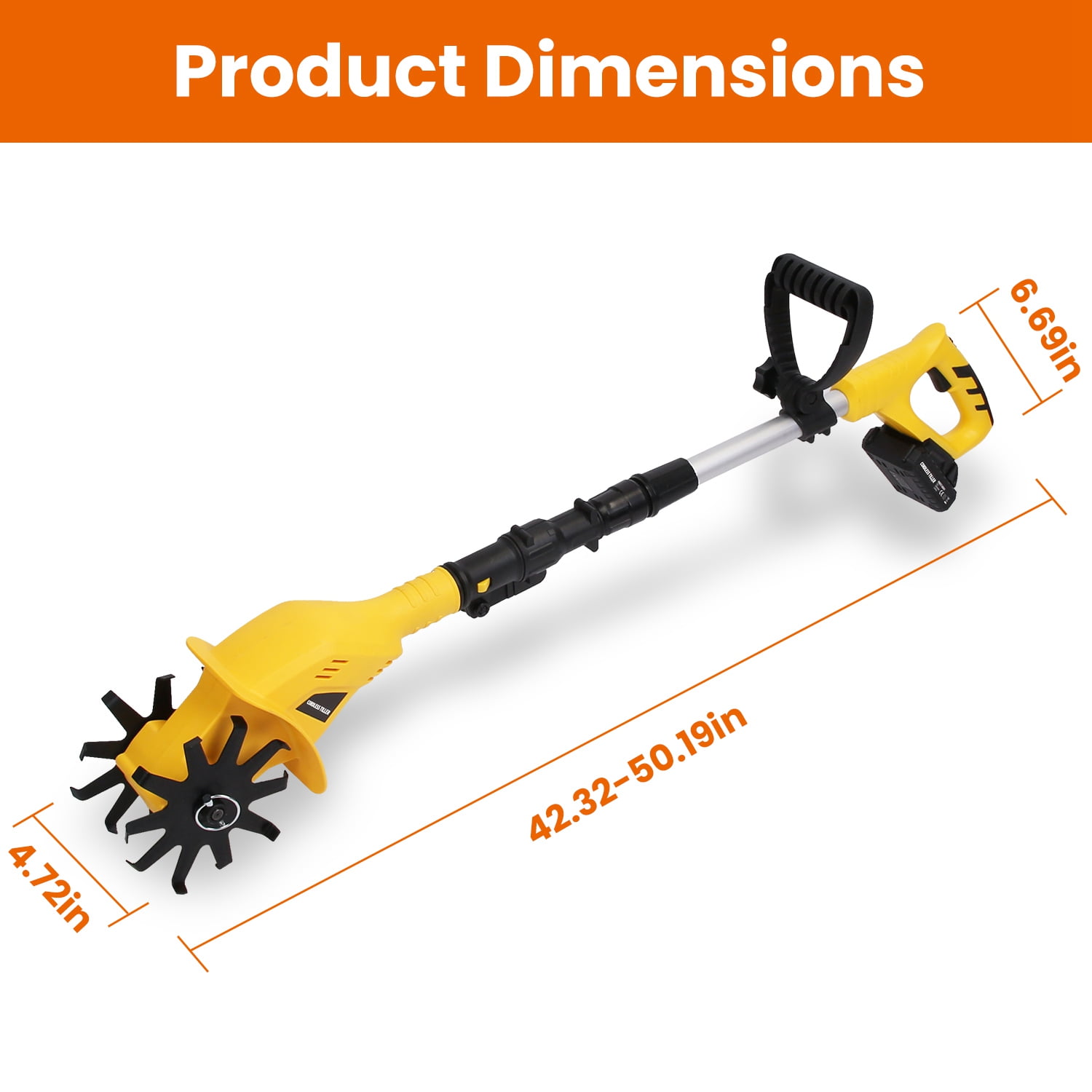 TeqHome Cordless Electric Garden Tiller 20V 2000mAh Rechargeable Battery Powered Each Side 10 Pcs Manganese Steel Blades 180° Adjustable Grip Handle Extandable Rod for Garden Yard Lawn Yellow