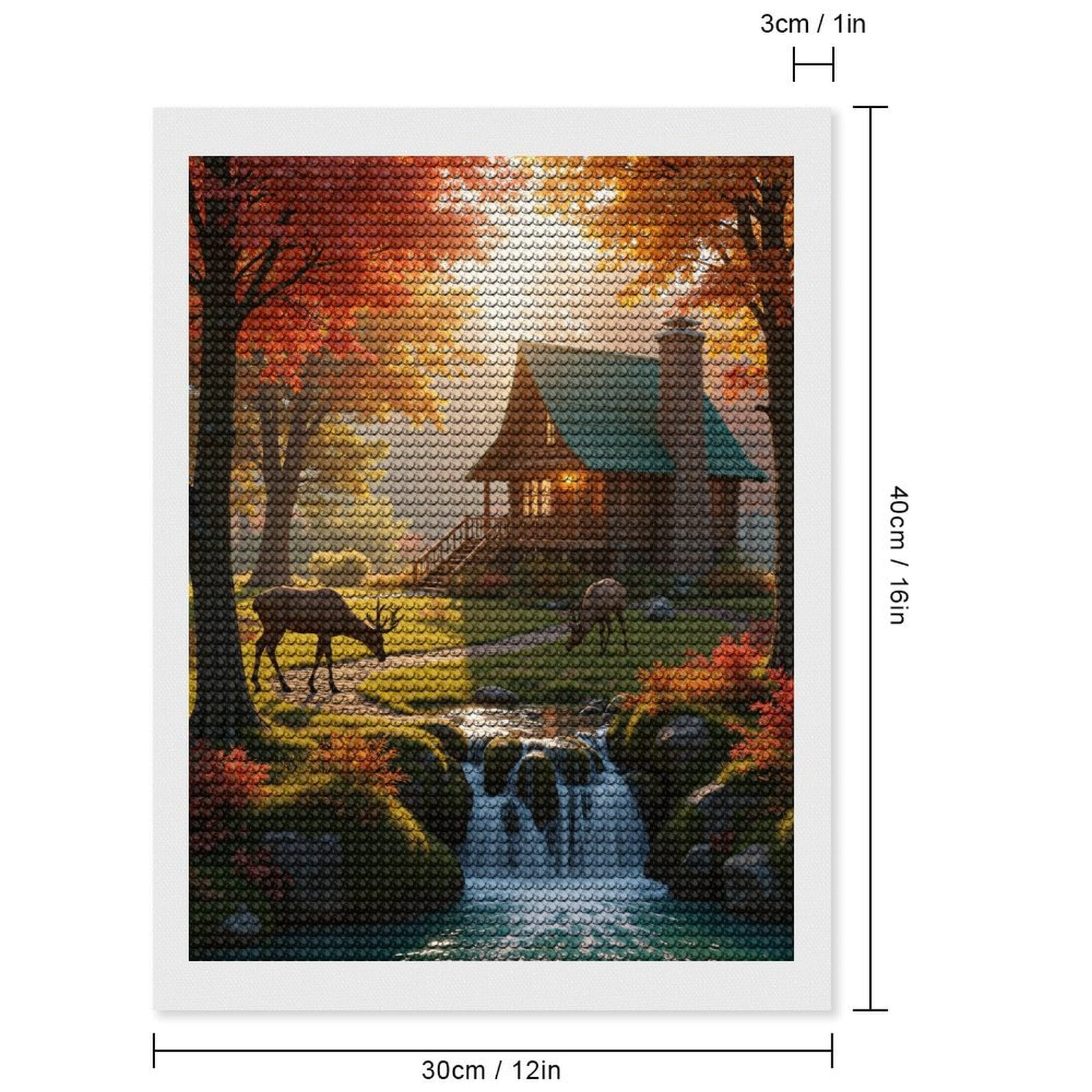 Diamond Art Kits for Adults, Autumn Cabin Serenity Deer Waterfall 5D Diamond Painting Kits for Adults Beginners, DIY Full Drill Diamond Painting, Gem Art and Crafts 12x16
