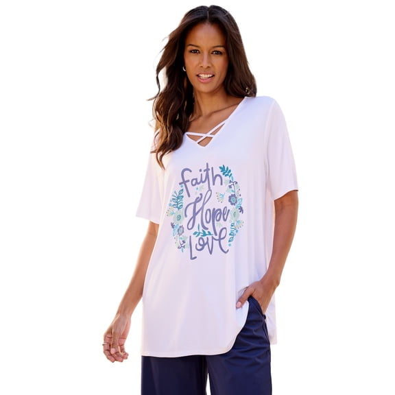 Roaman's Women's Plus Size Lace-Up V-Neck Short Sleeve Print Tunic