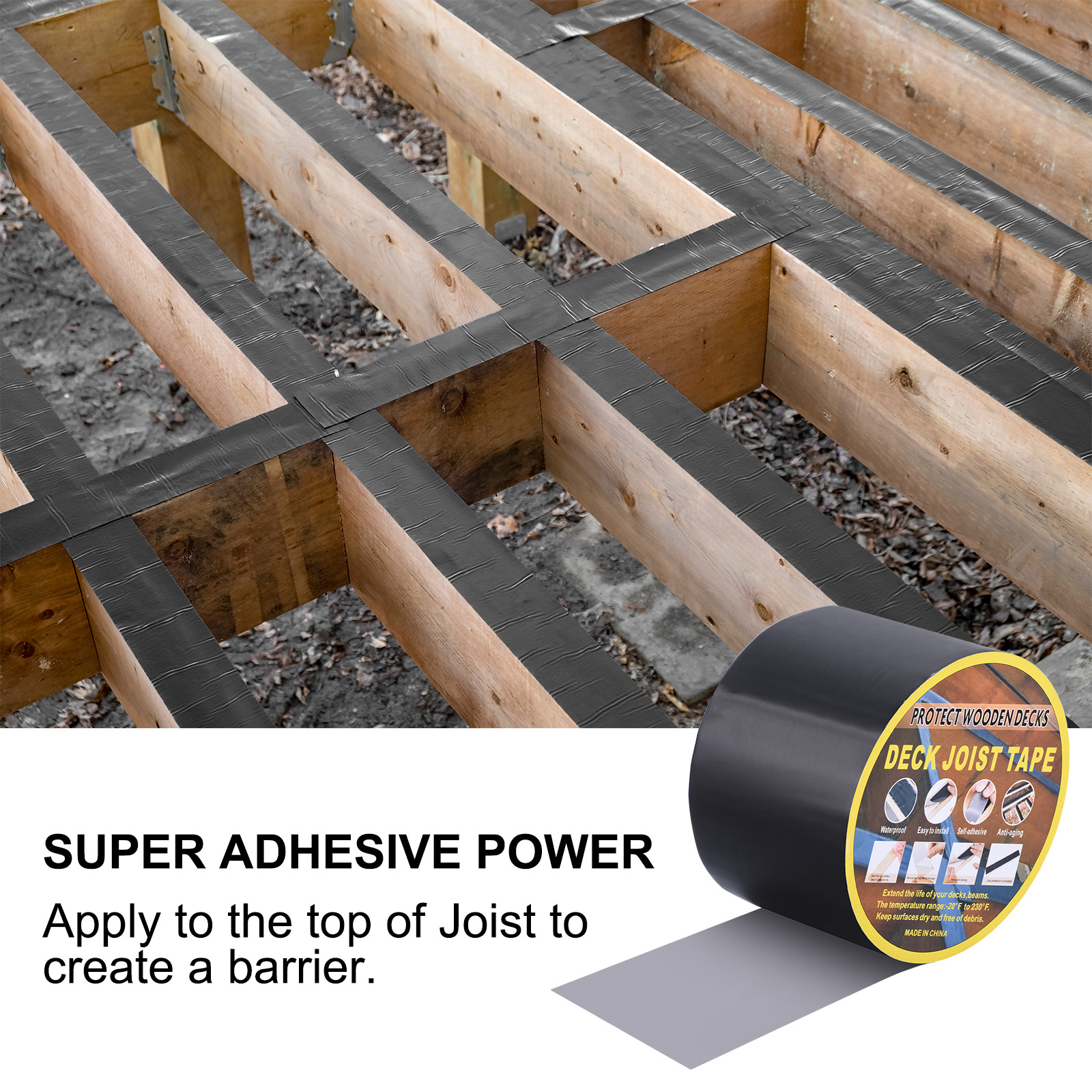 Uxcell Rubber Waterproof Butyl Joist Tape for Decking Self-Adhesive Flashing Tape 2 Rolls Black 4"x 15m