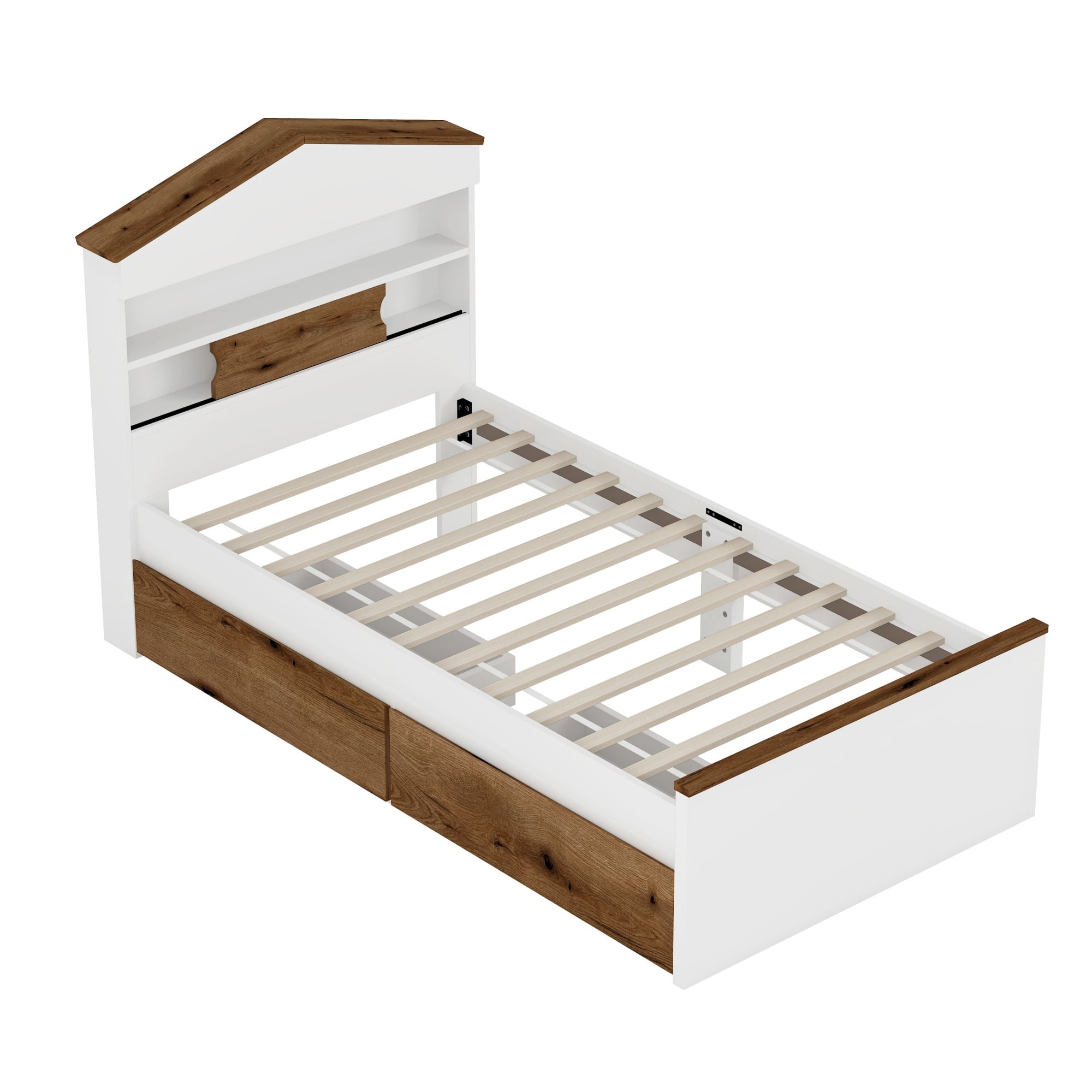 Aukfa Twin Platform Bed with 2 Drawers, House-Shaped Storage Headboard with Shelves for Kids, Brown