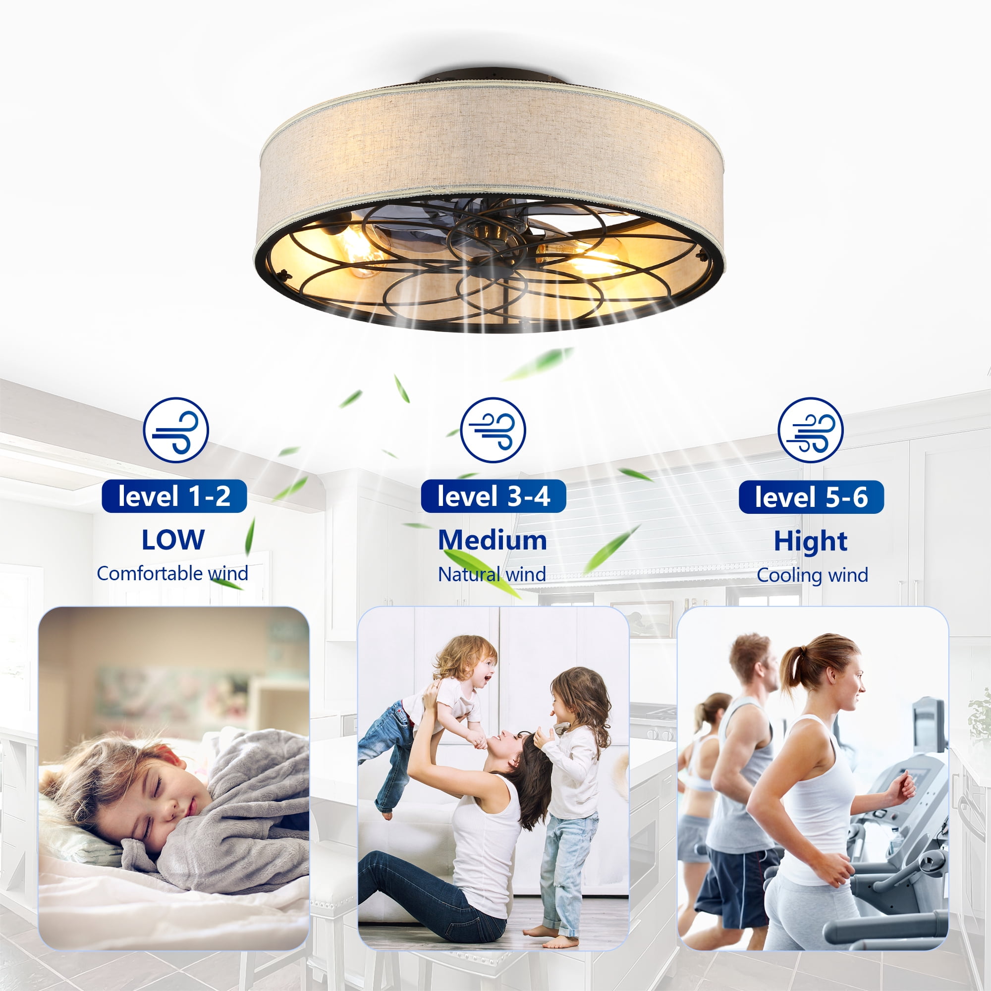 Leumius 20" Fabric Farmhouse Ceiling Fan with Light and Remote Control,Low Profile Modern Enclosed Ceiling Fans with Reversible Motor for Living Room,Bedroom,Kitchen (NOT Included Bulbs)