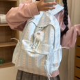 thumbnail image 3 of Striped Bow School Backpack, Chic Backpack with Drawstring Side Pocket, Nylon Waterproof Bookbag for College Shopping Travel (Blue), 3 of 10