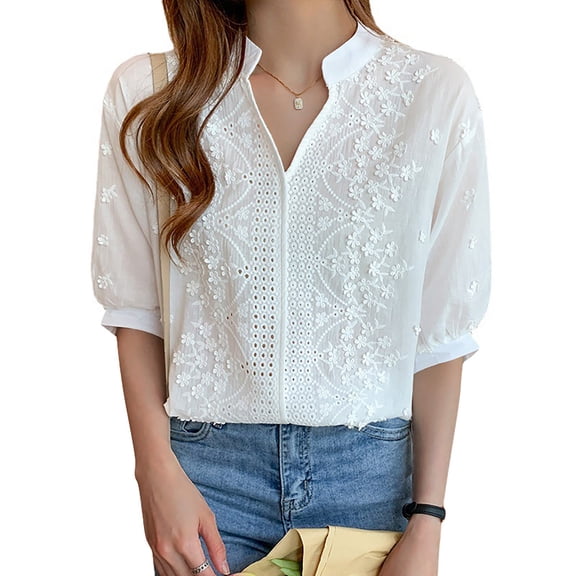 ClodeEU Women's V Neck Stand Collar Embroidered Linen Blouse,3/4 Sleeve Casual Summer Top White,Women's Plus L