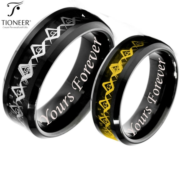 Tioneer Tungsten Carbide Wedding Band Ring Silver / Gold Freemason Masonic Inlay Yours Forever Engraved 8MM