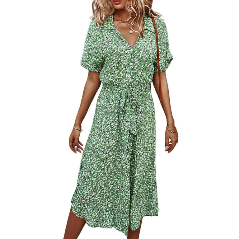 at fortsætte Trafikprop Hals Spring hue Women's Button Midi Dress, Short Sleeve Floral Print Shirt Dress  - Walmart.com