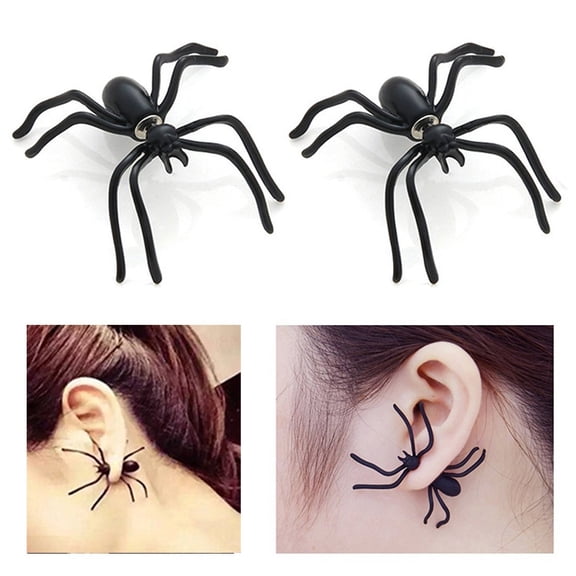 harmtty 1Pc Spider-Shaped Black Ear Stud Plastic 3D Creepy Black Stud Earring Halloween Party Jewelry