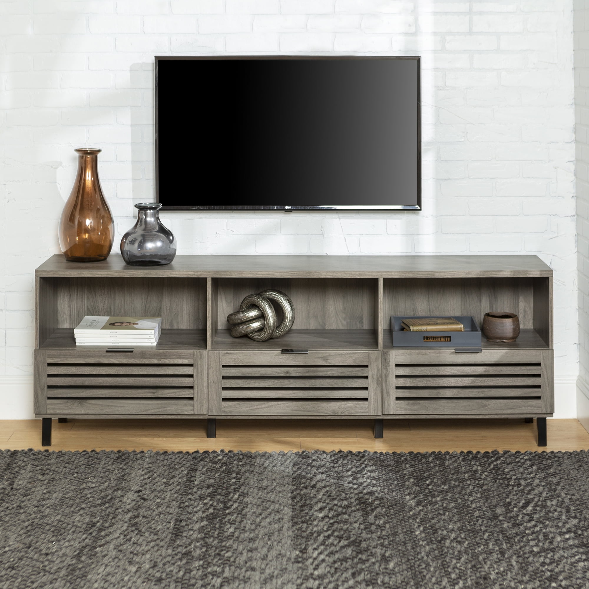 Walker Edison Jackson Modern Slatted 3-Drawer TV Stand for TVs up to 80", Slate Grey