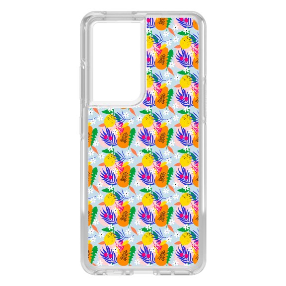 DistinctInk Clear Shockproof Hybrid Case for Galaxy S21 ULTRA 5G (6.8" Screen) - TPU Bumper, Acrylic Back, Tempered Glass Screen Protector - Summer Vibes Floral Pattern Orange Blue Green