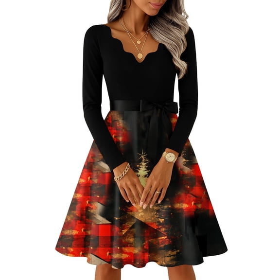 Women's Casual Fashion V-Neck Long Sleeved Retro Christmas Print Retro Dress, Holiday Print, Audrey Style, Party Wear, Casual Dress, Festive,Wine,3XL