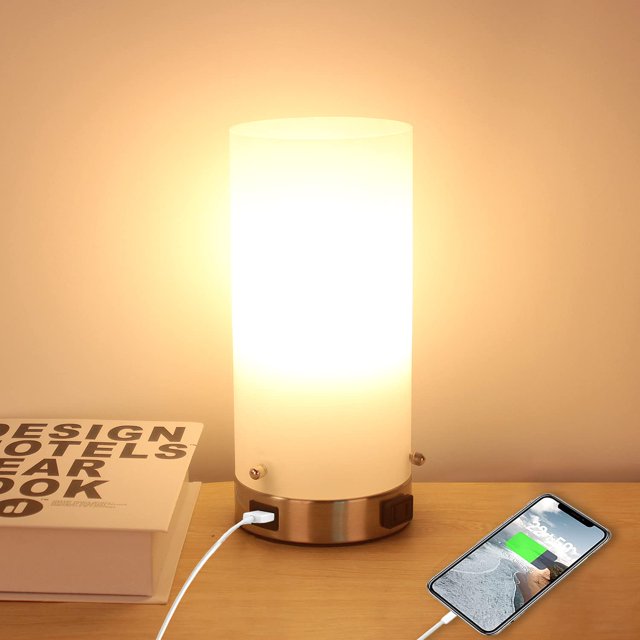 Bedside Lamp with USB Port & AC Outlet - Touch Control Table Lamp for Bedroom 3 Way Dimmable Nightstand Lamp with Round Glass Shade for Living Room Kids Room Dorm Home Office(LED Bulb Included).