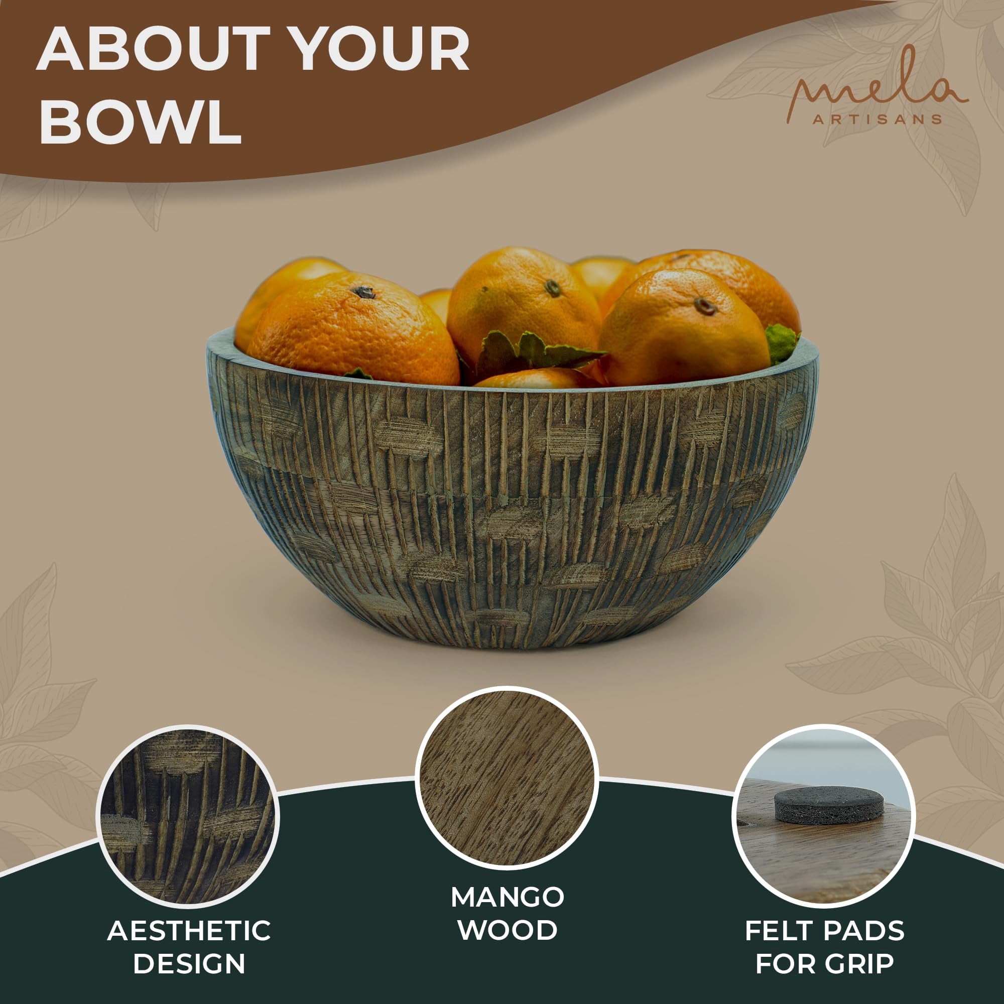 Mela Artisans Hand-Carved Wooden Serving Bowl, Medium Burnt Finish, 9 x 4 x 4 Inch Decorative Salad Bowl for Fruits, Snacks, Dry Foods & Tabletop Décor