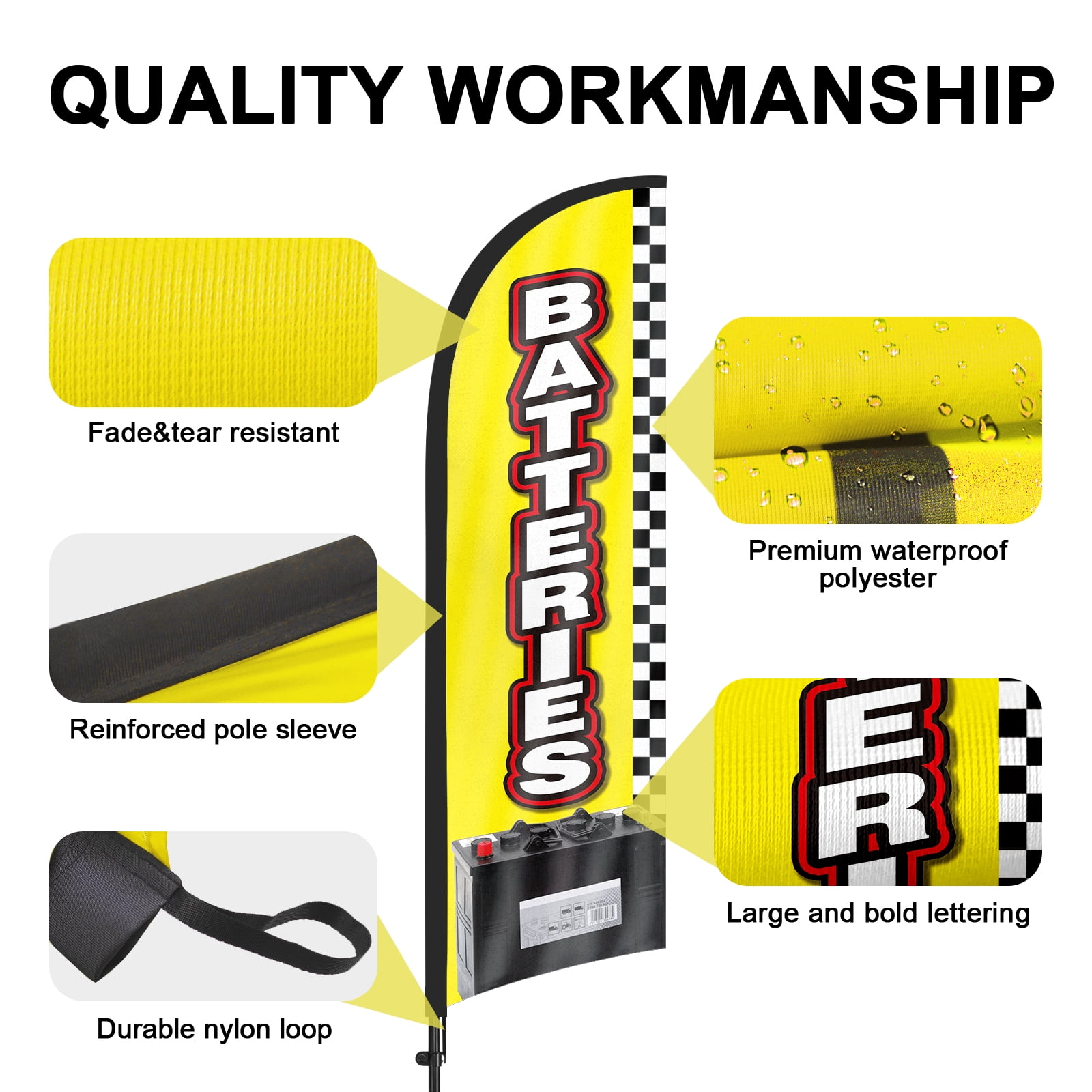 QSUM Batteries Sale Feather Flag with Flag Pole Kit and Ground Spike, 8.2FT Batteries Windless Flag Banner Sign Business for Outdoor Advertising Sign Decoration Display