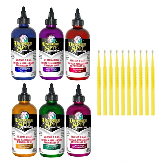 Unicorn SPiT Gel and Glaze Stain Sparkle Collection: 8oz. Bottles with Trebbies Detail Sticks Sapphire Swift, Violet Vulture, Dolly Firebird, Golden Gosling, Lavish Lovebirds, Starling Sasha