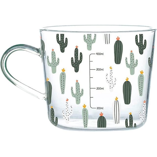 Taza de desayuno de vidrio transparente con asa, taza de leche de 15 onzas, lindo patrón de cactus