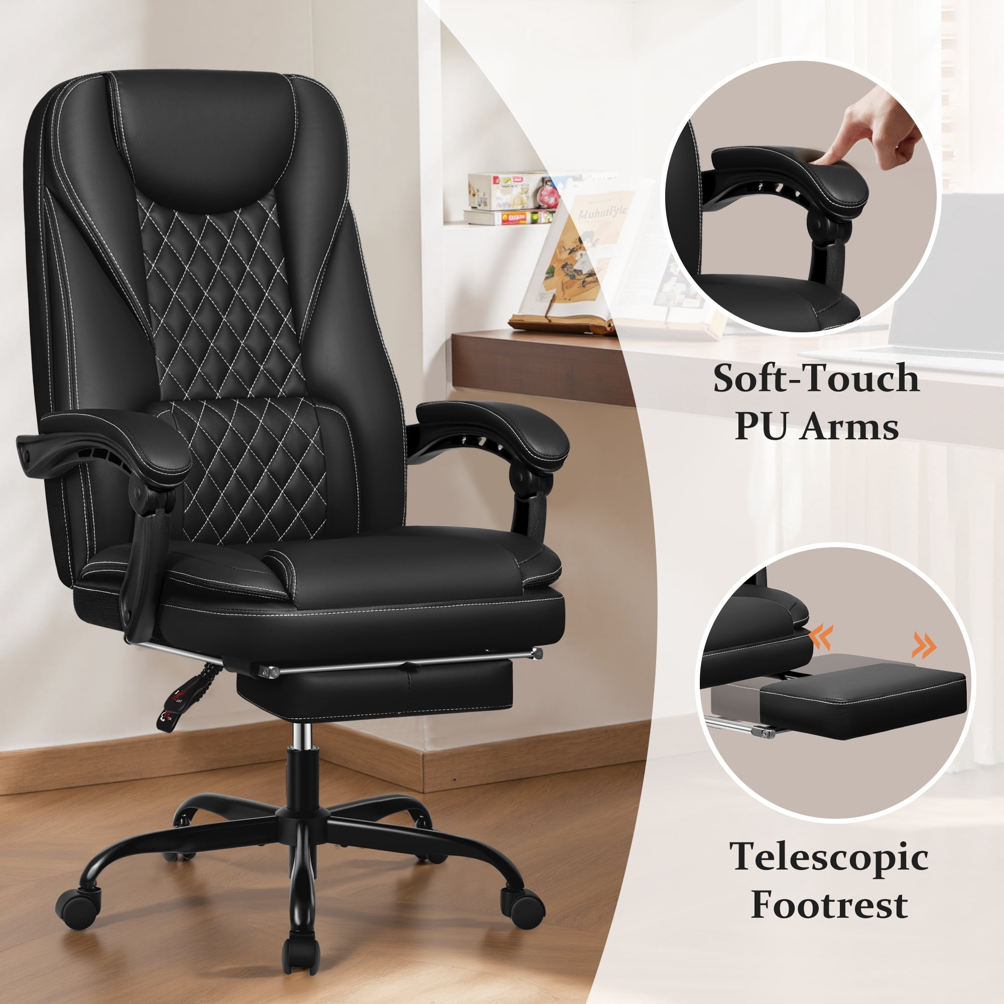 Primy Premium Executive Office Chair - Big & Tall PU Leather Reclining Chair with Footrest & Lumbar Support, 400lb Heavy Duty Ergonomic Computer Desk Chair for Home/Office, Black