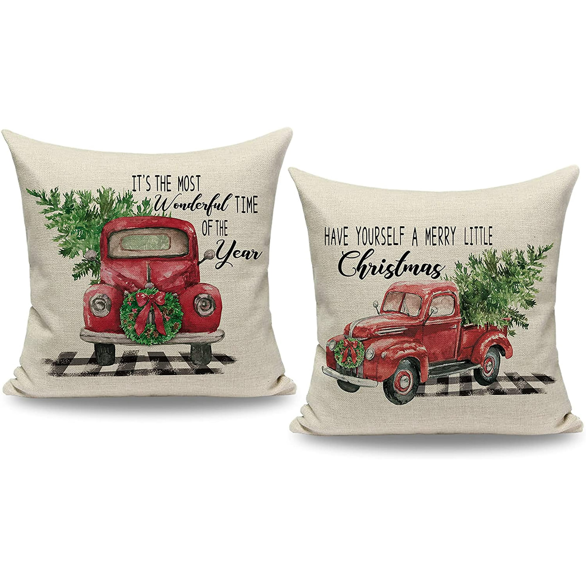 HTOOQ Vintage Christmas Red Truck Green Tree Throw Pillow Covers 20x20 Set of 2 Outdoor Christmas Pillows for Sofa Couch Farmhouse Christmas Decor
