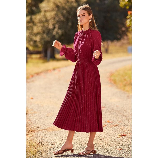 Women's 2023 Fall Midi Dress Casual Long Sleeve V Neck Swiss Dot Pleated A  Line Flowy Dresses - Walmart Business Supplies