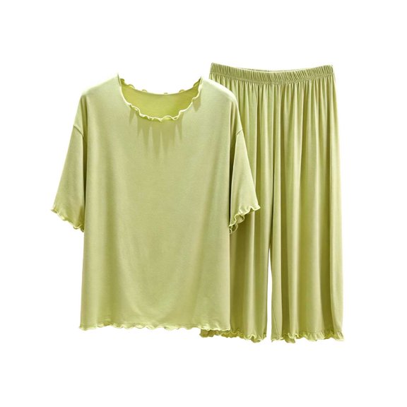 Kaemgyyd 2 Pack Sets for Women Short Sleeve Scalloped Neck Top Comfy Lounge Capris Pants Travel Vacation Matching Set(Yellow,X-Large)