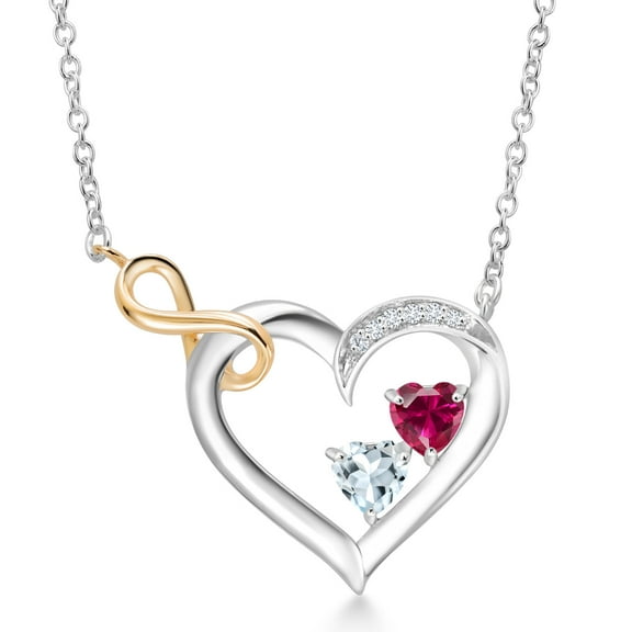 925 Silver and 10K Yellow Gold Red Created Ruby Sky Blue Aquamarine and White Lab Grown Diamond Infinity Heart Pendant Necklace for Women (0.58 Cttw, Heart Shape 4MM, with 18 inch Chain)