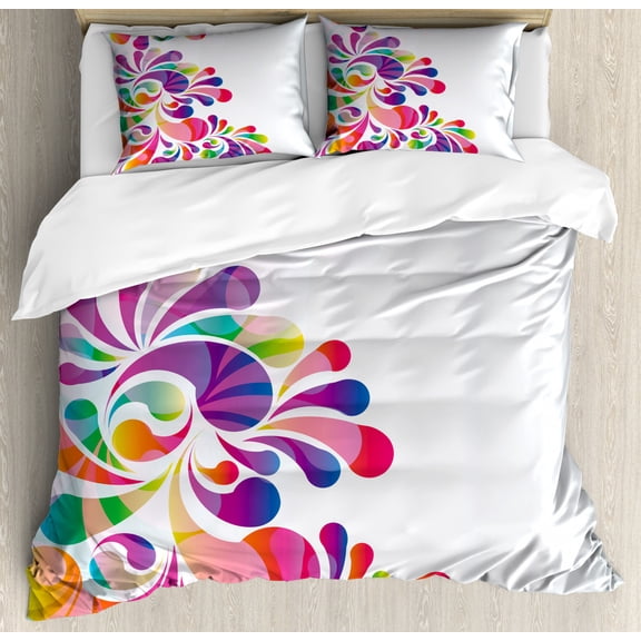 Rainbow Duvet Cover Set King Size, Floral Themed Design Curvy Colorful Background Nature Inspired Illustration Art, Decorative 3 Piece Bedding Set with 2 Pillow Shams, Multicolor, by Ambesonne