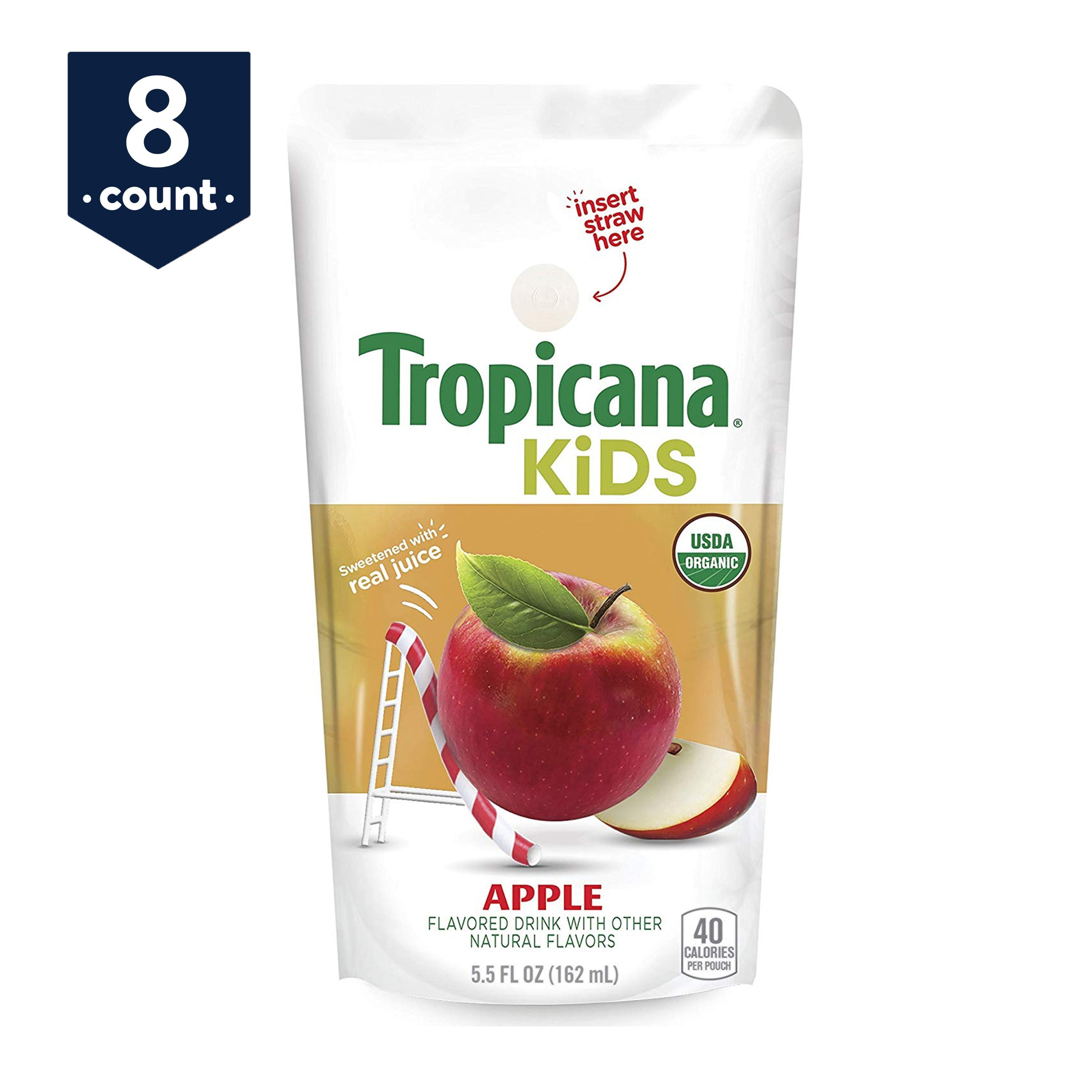 Tropicana Kids Organic Juice Drink Pouch, Apple, 5.5 oz Pouches, 8