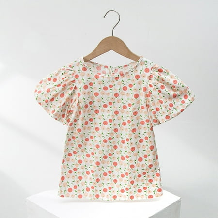 

kpoplk Tops For Toddler Kids Children Toddler Baby Girls Short Bubble Sleeve Floral T Shirt Blouse Tops Toddler Tshirt(Red)