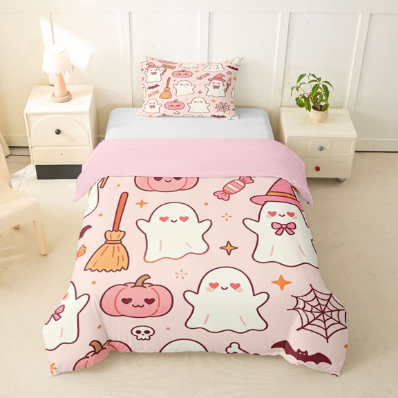 Homewish Kawaii Bowknot Ghost Twin Duvet Cover for Kids, Halloween Pumpkin Bat Web Twin Bedding, Pink Reversible, 2pcs, 1 Duvet Cover and 1 Pillowcase