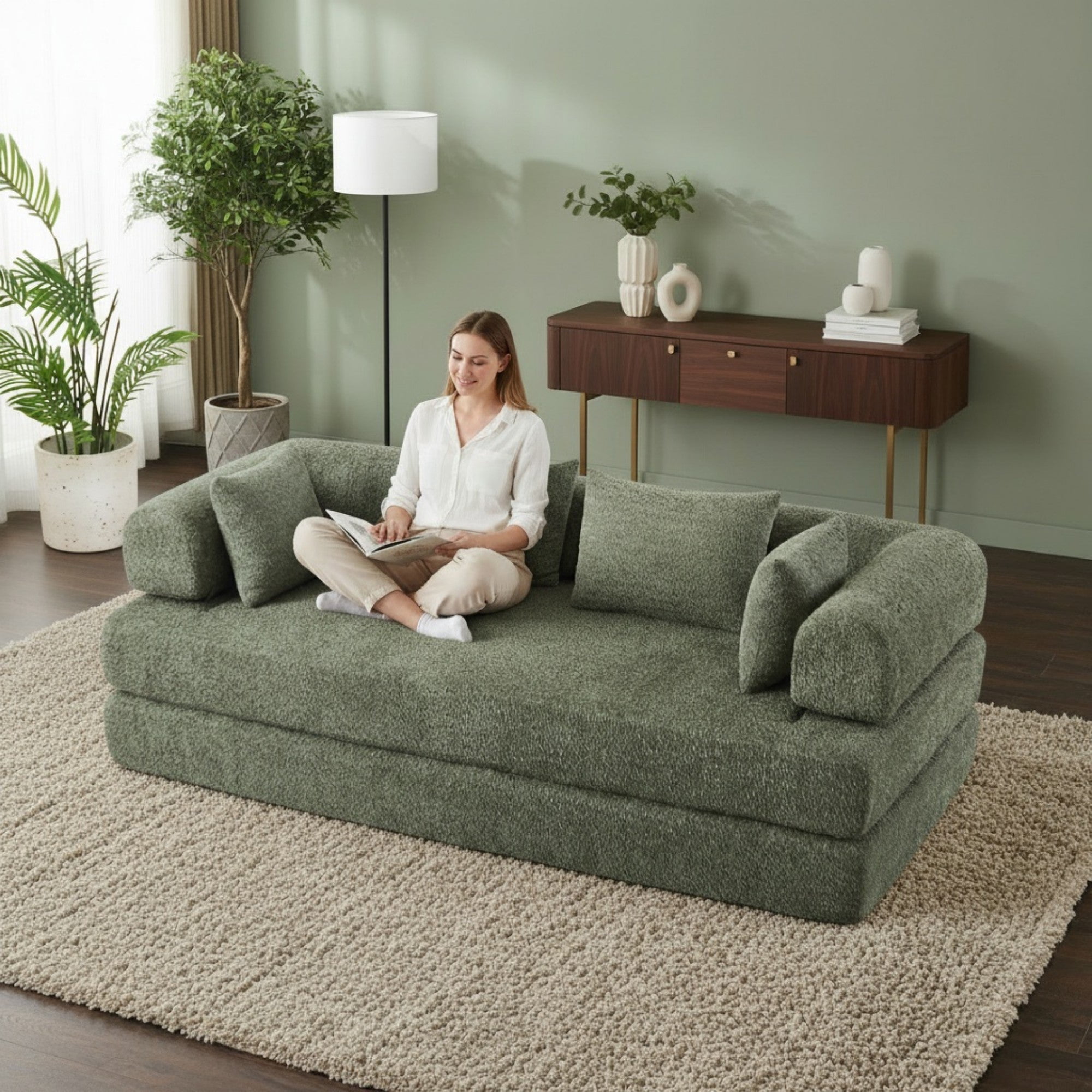 Sailvan 78.9" Convertible Sleeper Sofa, Modular Chenille Folding Mattress Sofa Bed with 4 Pillows, No Assembly Floor Lounge for Living Room Green