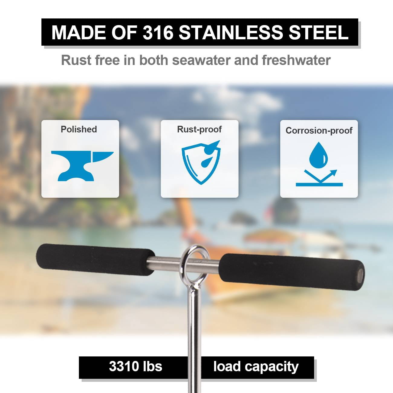 DAWOT 316 Stainless Steel Sand Anchor with Removable Handle for Kayak Jet Ski PWC Pontoon 17" Length Auger to The Beach Shallow Water and Sandbar Sand Anchor for Boat