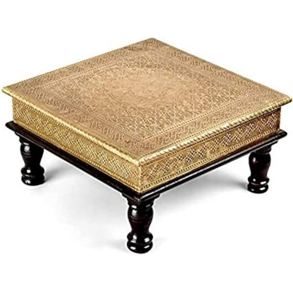 NZTrader 15 x 15 x 6.5 inch Brass and Wooden Indian chowki, Low Stool, Ottoman, bajot, Temple Stool, Golden Low Stool, Indian Furniture, Foot Stool, Low Table