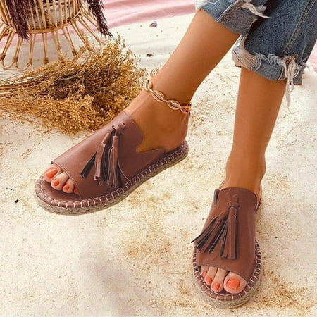 

Cathalem Sandals Women s Ladies Flat Fringe Peep Slippers Shoes Casual Toe Fashion Women s sandals Shoes Women Sandals Dressy Brown 7.5