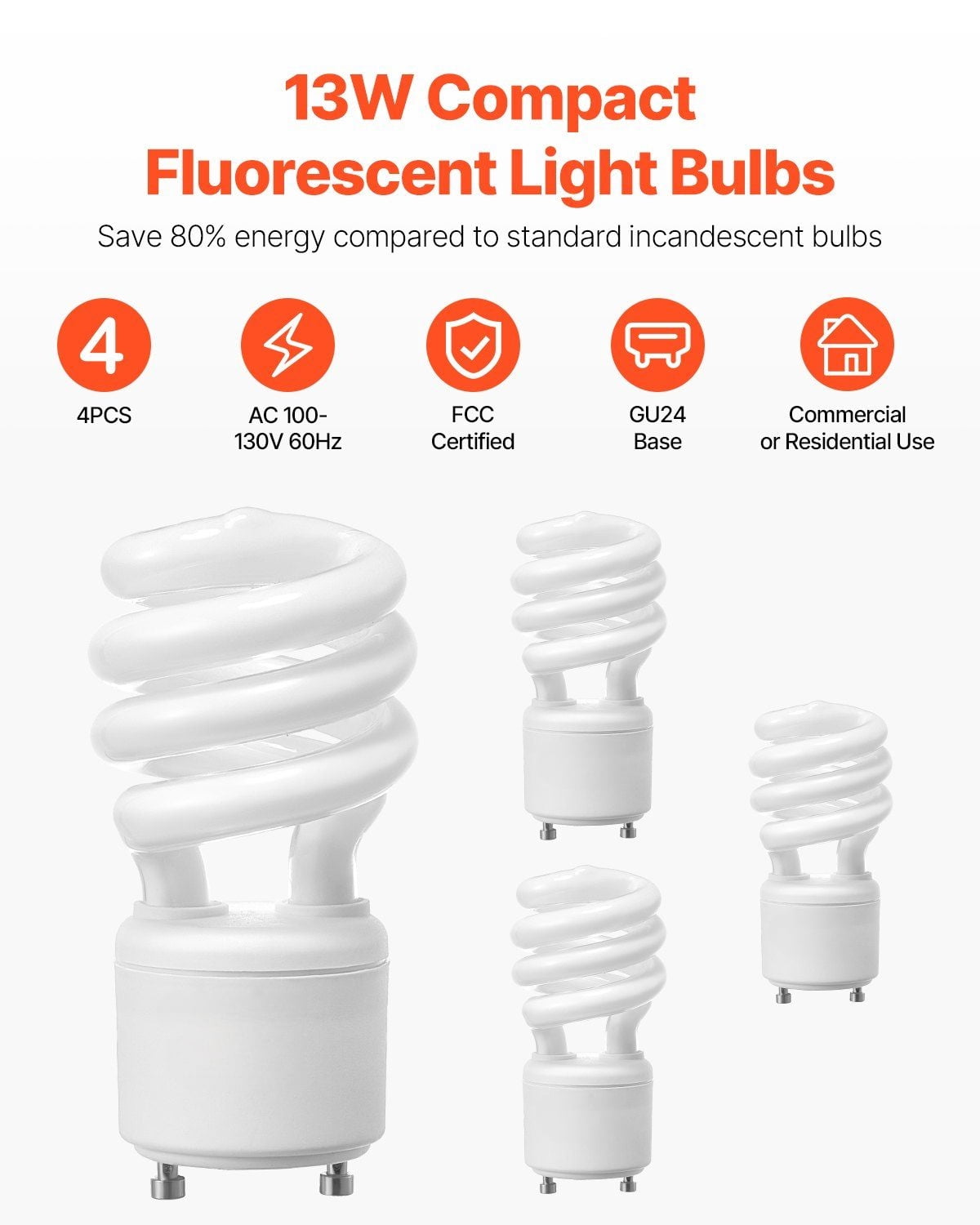 4-Pack 13W CFL Light Bulbs - 60W Equivalent Soft White 2700K, Energy Saving Spiral Bulbs - Non-Dimmable Compact Fluorescent Lamp for Lamps, Ceiling Lights & Fixtures