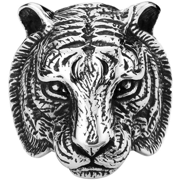 Bague en Acier Inoxydable pour Hommes Vintage Gothique Tribal Biker Tête de Tigre Argent Noir Taille 7