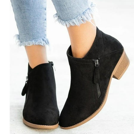 

jsaierl Vintage Women Slip On Boots Pointed Toe Round Head Thick Heel Short Shoes