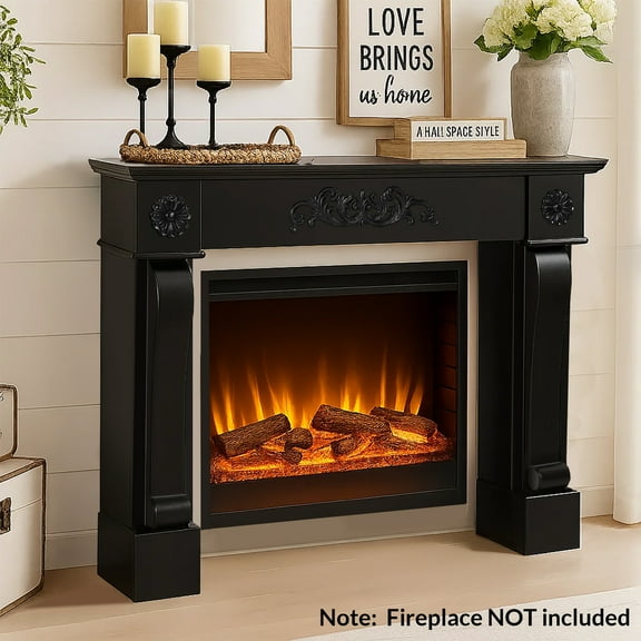 OUINCH 44.5" Fireplace Mantel, Freestanding Fireplace Surround with Leg for Electric Fireplaces, MDF Mantel Surround with Shelf for Living Room with Decorative Pattern, Anti-Tipping & Waterproof
