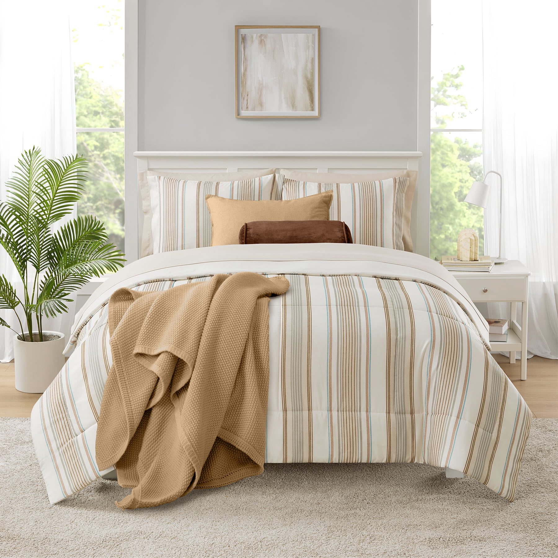 Mainstays All-In-One Reversible Comforter and Sheet Set - 7 Piece, King, Beige Stripe