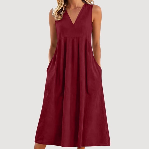 Roncen Women's Linen Casual Dress Summer Sleeveless V Neck Sundress Casual A-line Flowy Tank Midi Dresses with Pocket