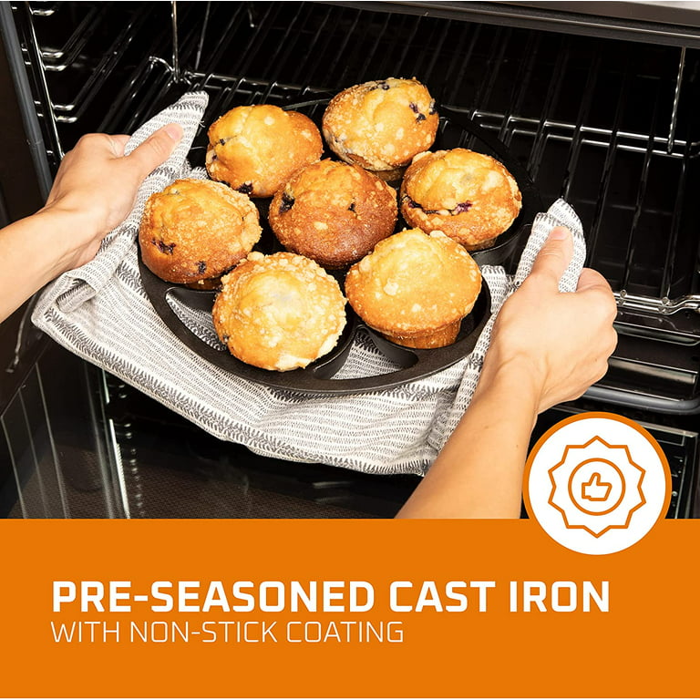 Bruntmor Premium Cast Iron 7-Cup Biscuit Pan, Large Muffin Pan,Round  Kitchen Non Stick Baking Tool for Scones, Cornbread, Muffins, cup cakes and