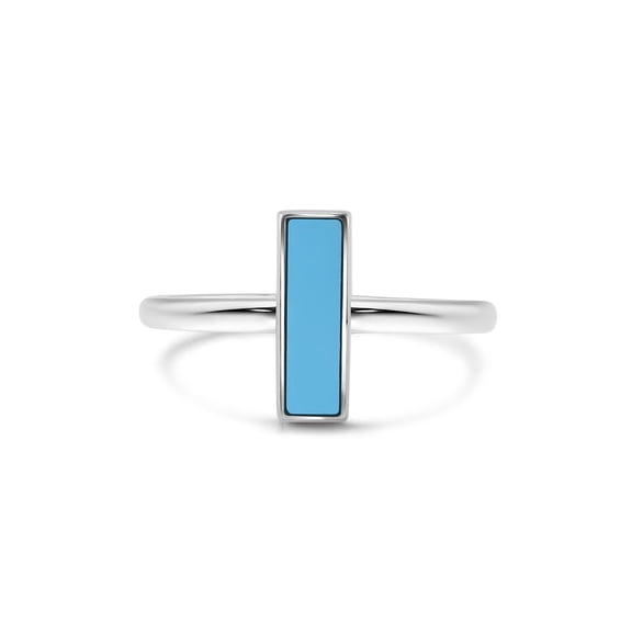 Rhodium Plated 925 Sterling Silver Simulated Turquoise Bar Band Ring Blue CZ Female Size 5