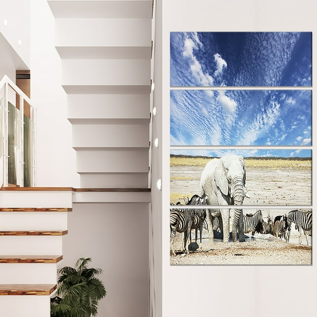 Éléphant Blanc Énorme et Zèbres - Impression sur Toile Abstraite