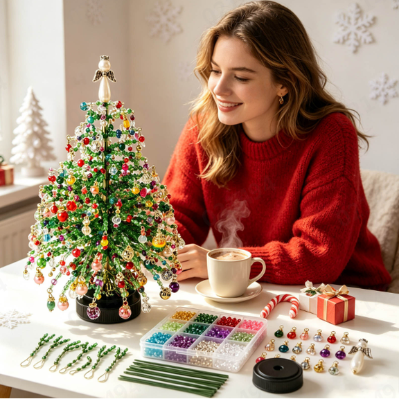 DIY Beaded Christmas Tree Kit, Bead Branches Light Up Tabletop Tree, Complete DIY Craft Supplies Kit for Relaxing Home Activity & Meaningful Holiday Gift 22cm