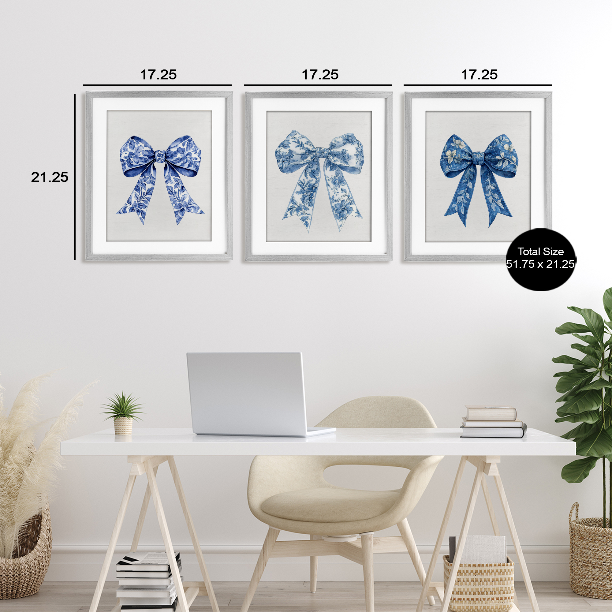 Vintage Toile Pattern Bows 3 Piece Gray Framed Print Under Glass Set, design by Lettered and Lined