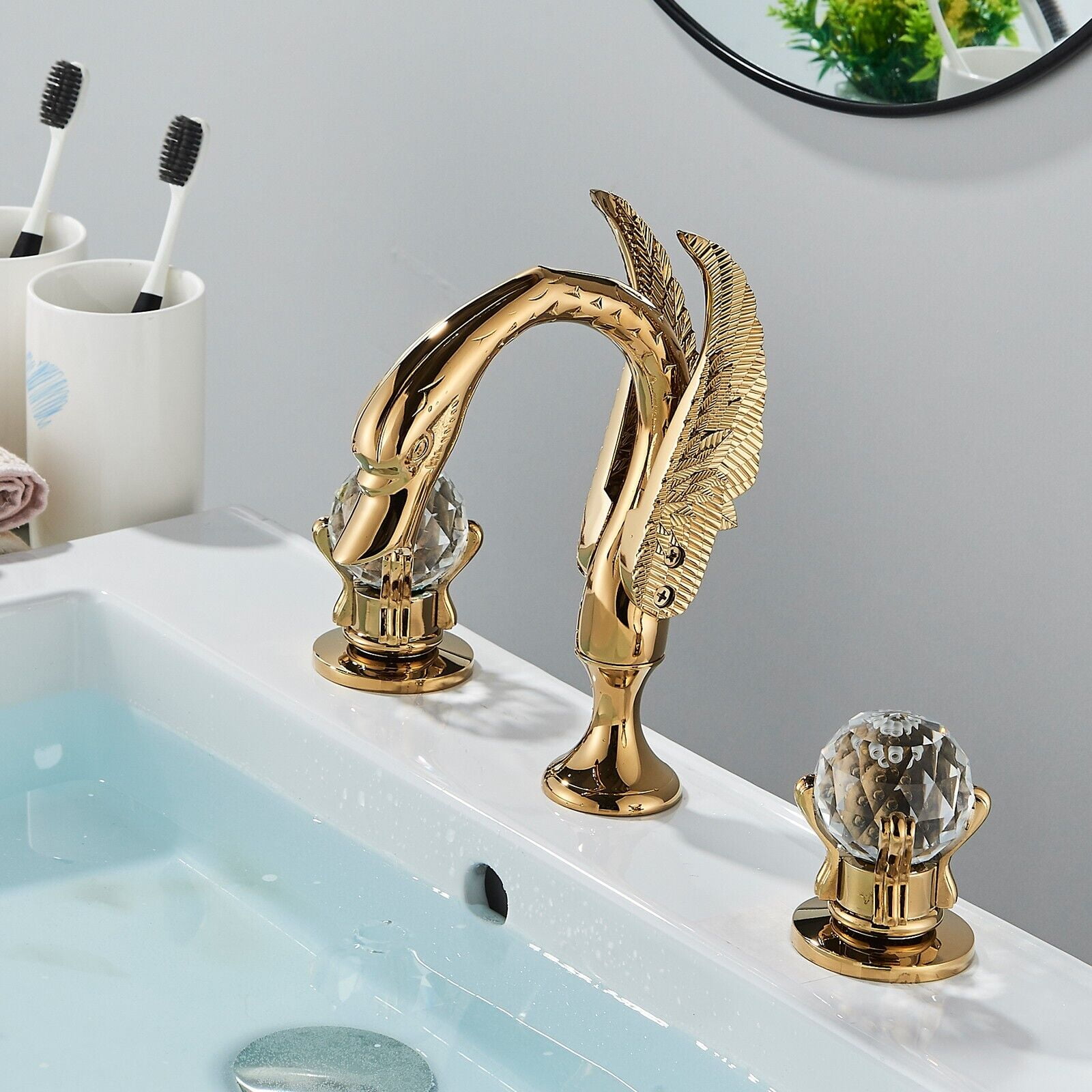 Zovajonia Gold Bathroom Sink Faucet 3 Hole Vanity Basin 8 Inch High Arc Swan Mixer Faucet  Widespread Waterfall Tub Faucet