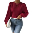 thumbnail image 3 of Women'S Long Sleeve Scoop Neck Pleated Front Fitted Blouse Tops Wine Red M, 3 of 9