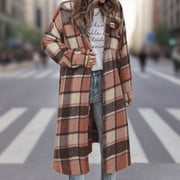 Otntypg Women Long Plaid Shacket Jacket Trendy Fall Casual Button Down Wool Blend Trench Coat Thick Warm Winter Clothing with Pockets Khaki S