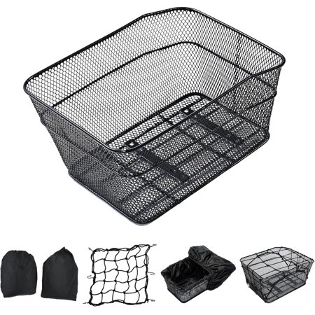 KAUFU Rear Bike Basket with Waterproof Cover and Adjustable Cargo Net, Large Bicycle Cargo Rack Storage Basket, Universal for Most Rear Bike Racks