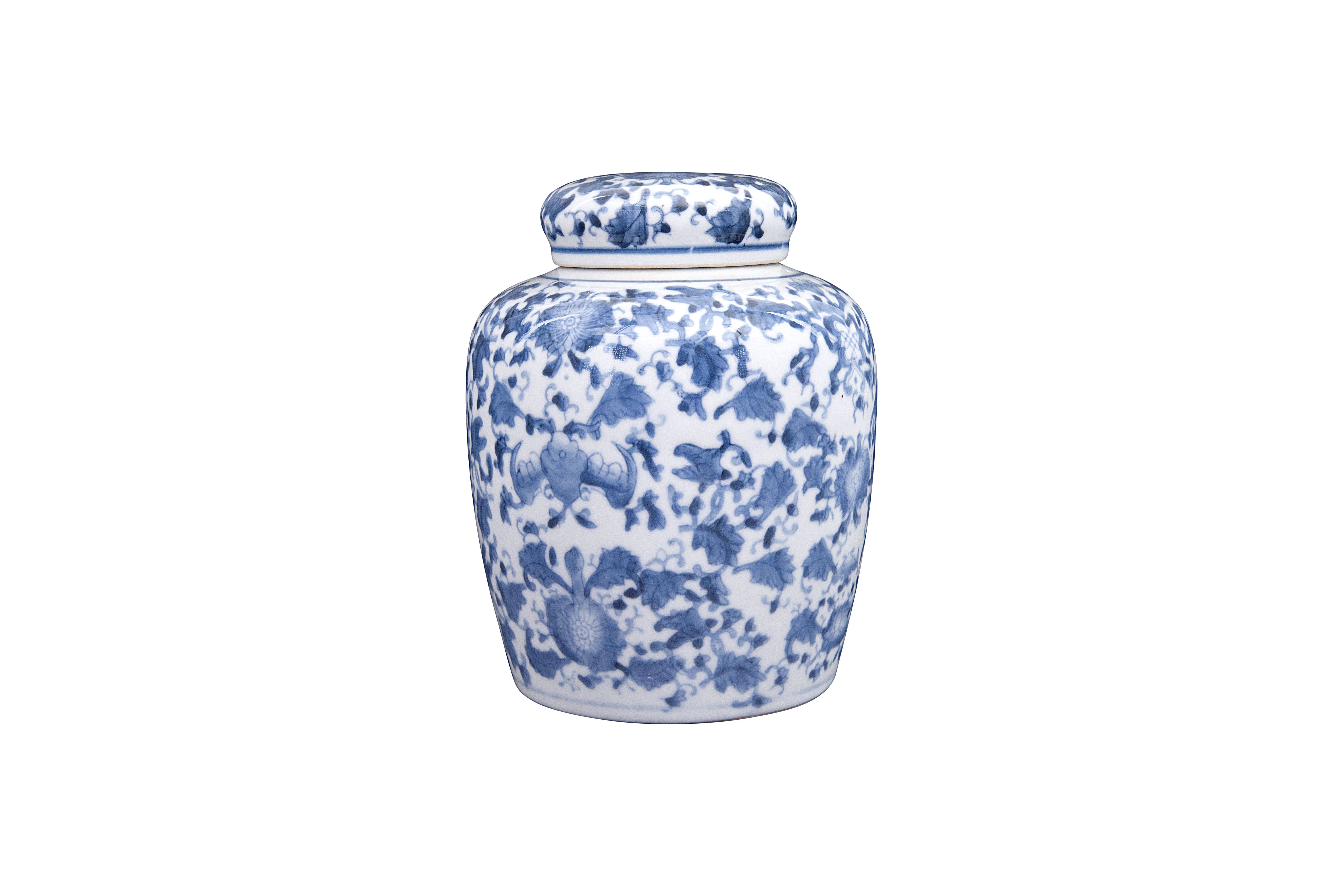 Beautiful Blue and White Square Porcelain Temple Jar Geometric Design 11" 