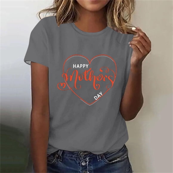 Meichang Happy Mother's Day Shirts for Women Cute Love Graphic Tees Tops Short Sleeve Casual Blouses Loose Fit Lightweight Summer Mom Tshirts Shirts for Women Gray XXL